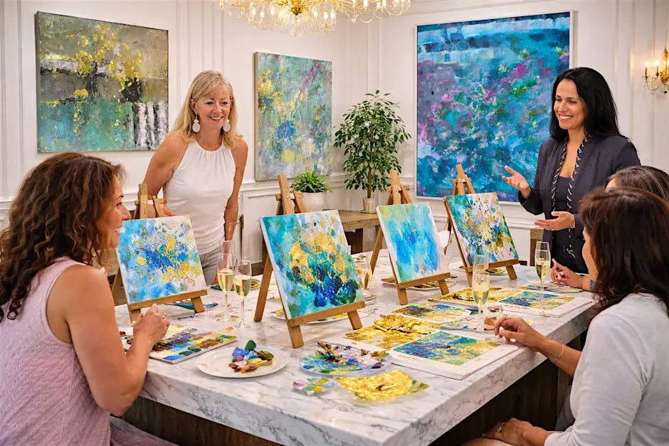 A unique acrylic + 24-karat gold art Workshop experience guided by Artist, Author Nadine Vogel and Artist Karen Hewitt Hagan.